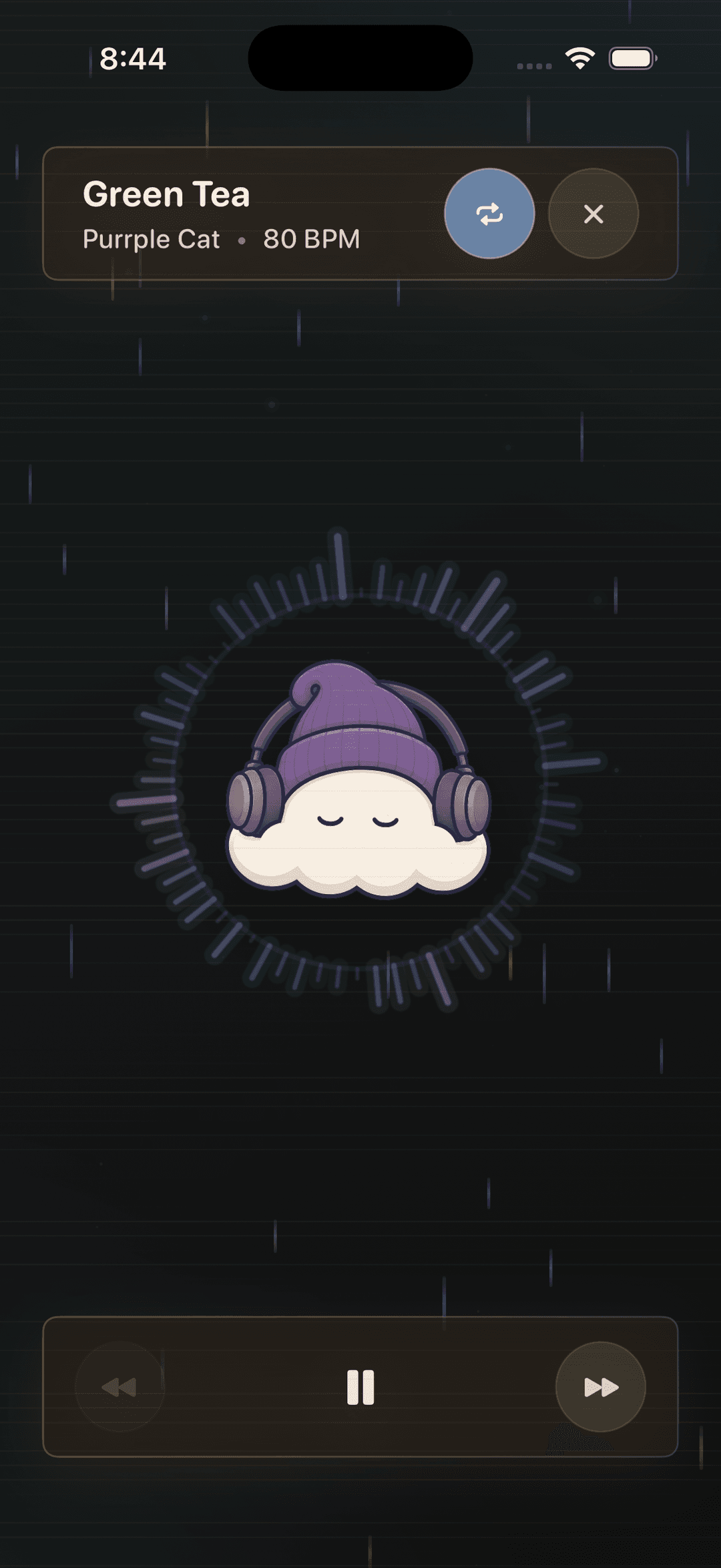 lofirain playback screen with a cloud companion and session controls