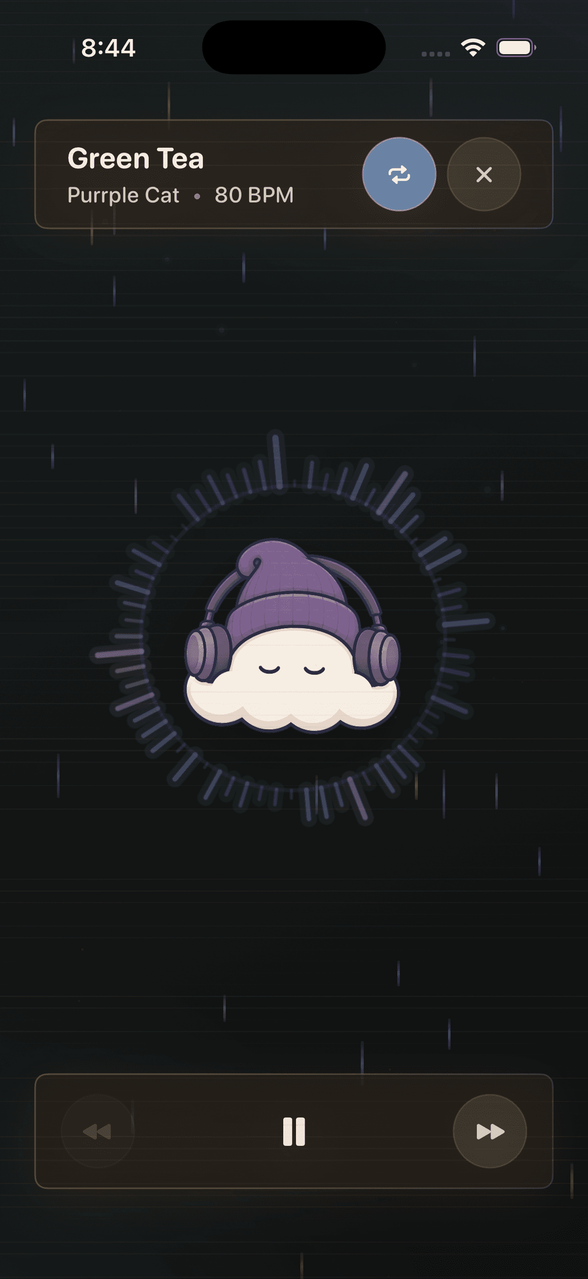 lofirain playback screen with session controls