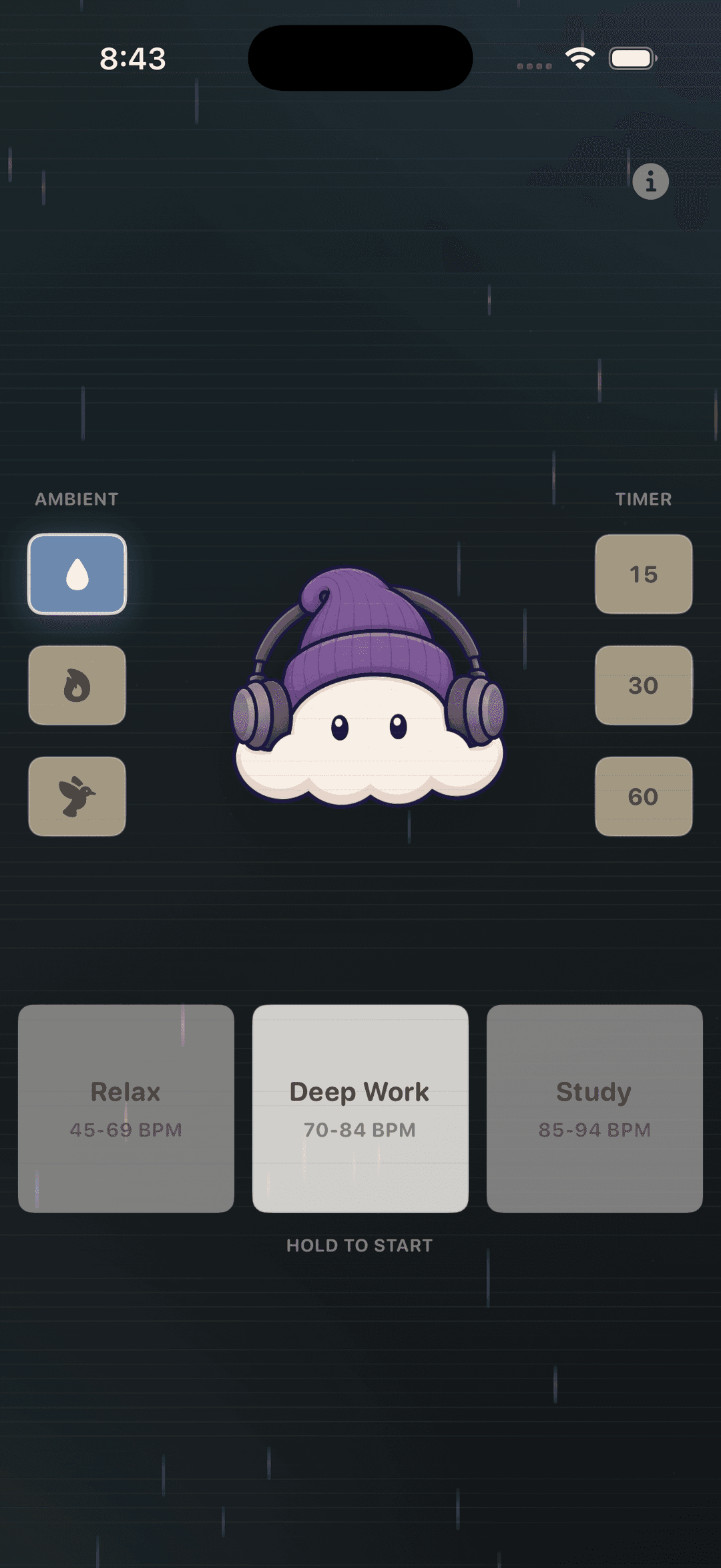 lofirain mood setup screen with ambient and timer controls