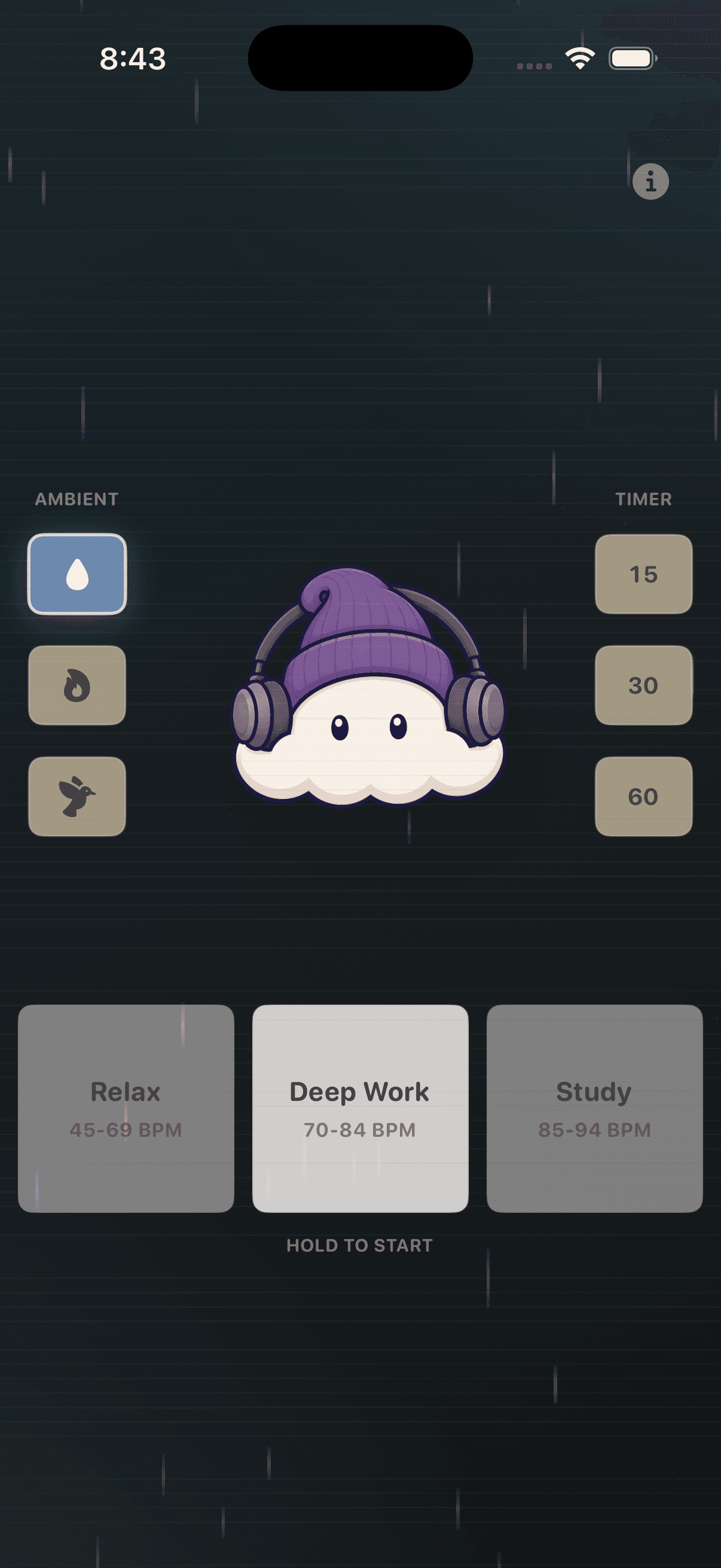 lofirain mood setup screen with ambient controls