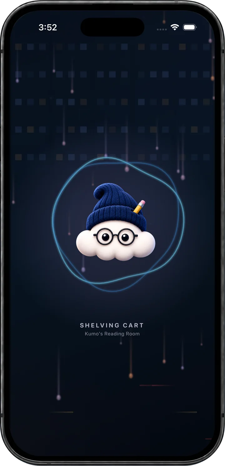 Kumo, a cloud in a knit hat and glasses, playing Shelving Cart in Kumo’s Reading Room
