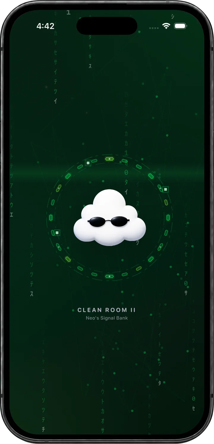 Neo, a cloud in small sunglasses, playing Clean Room II in Neo’s Signal Bank