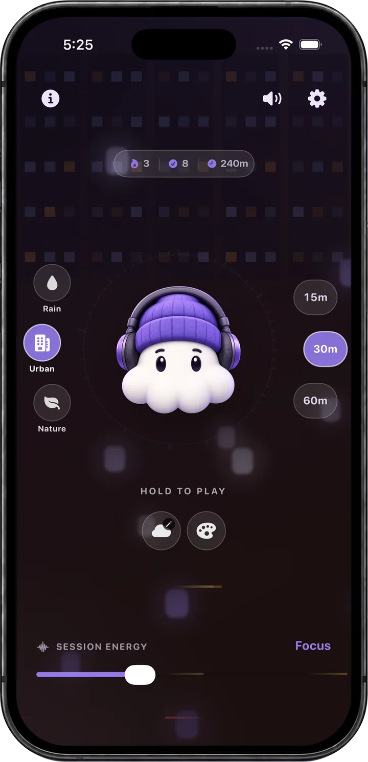 Mallow in headphones on the session screen, with Urban sound and a 30 minute timer selected